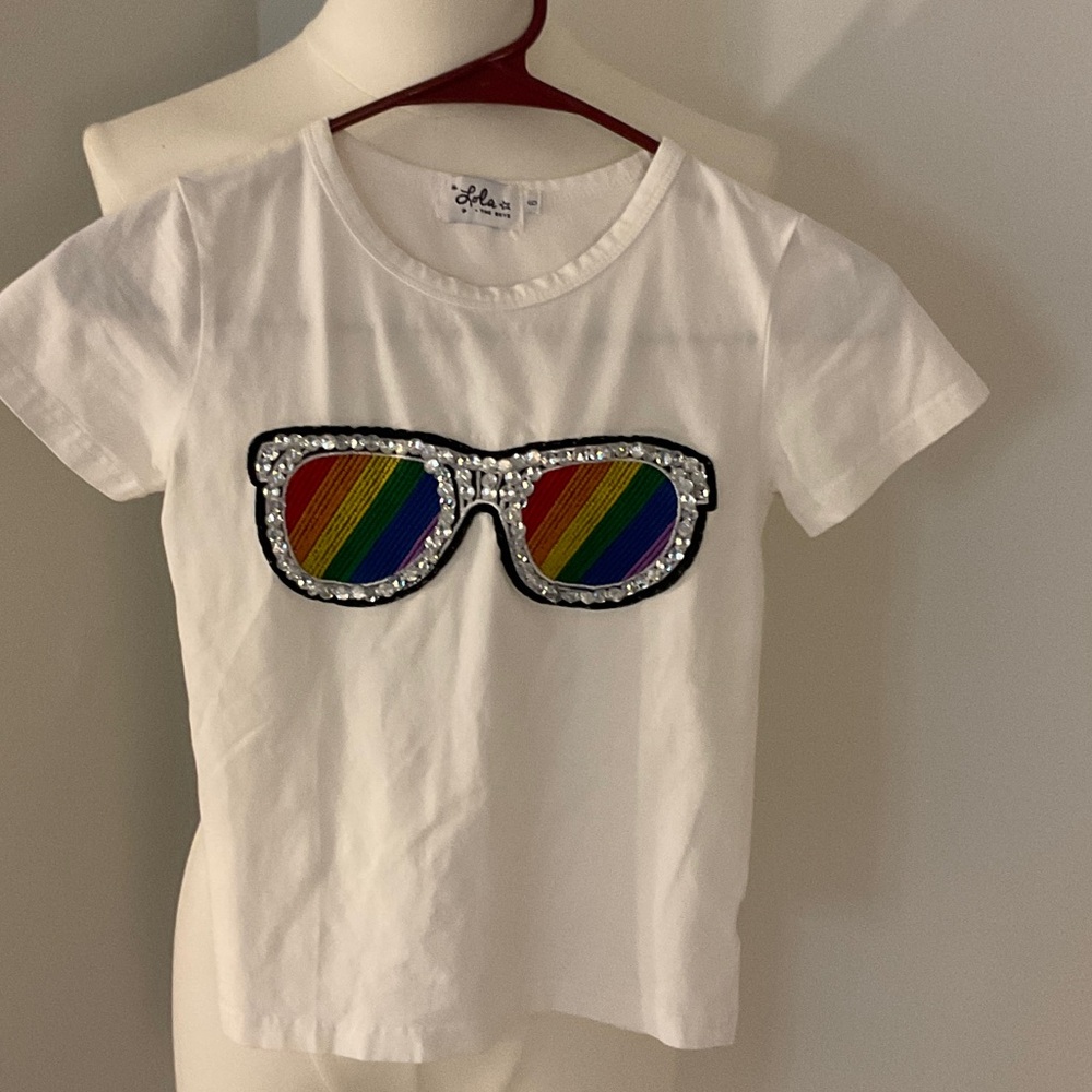 New! White Kids T-Shirt with Rainbow Sunglasses Design sz 6